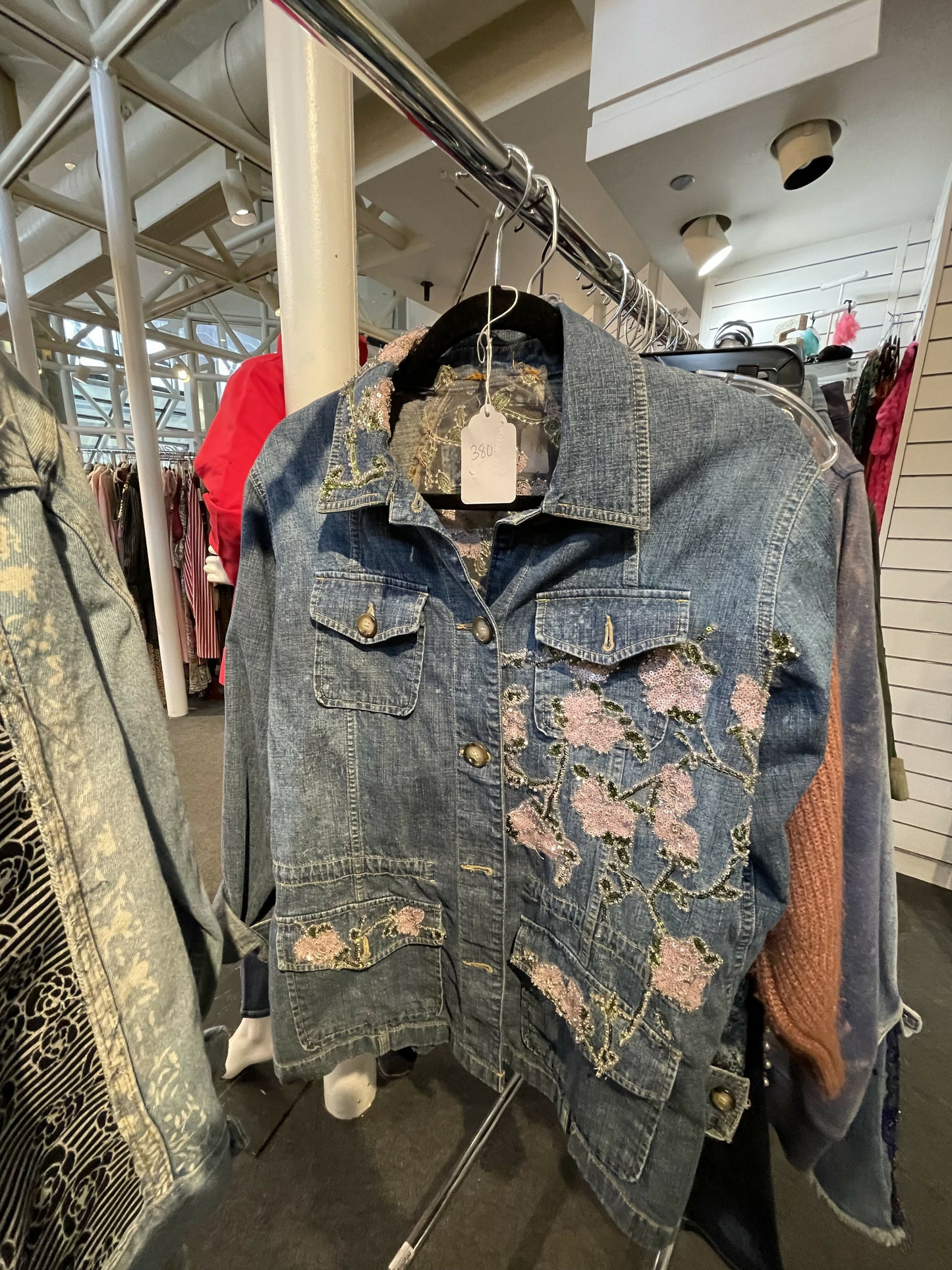 Denim jacket with beaded flowers