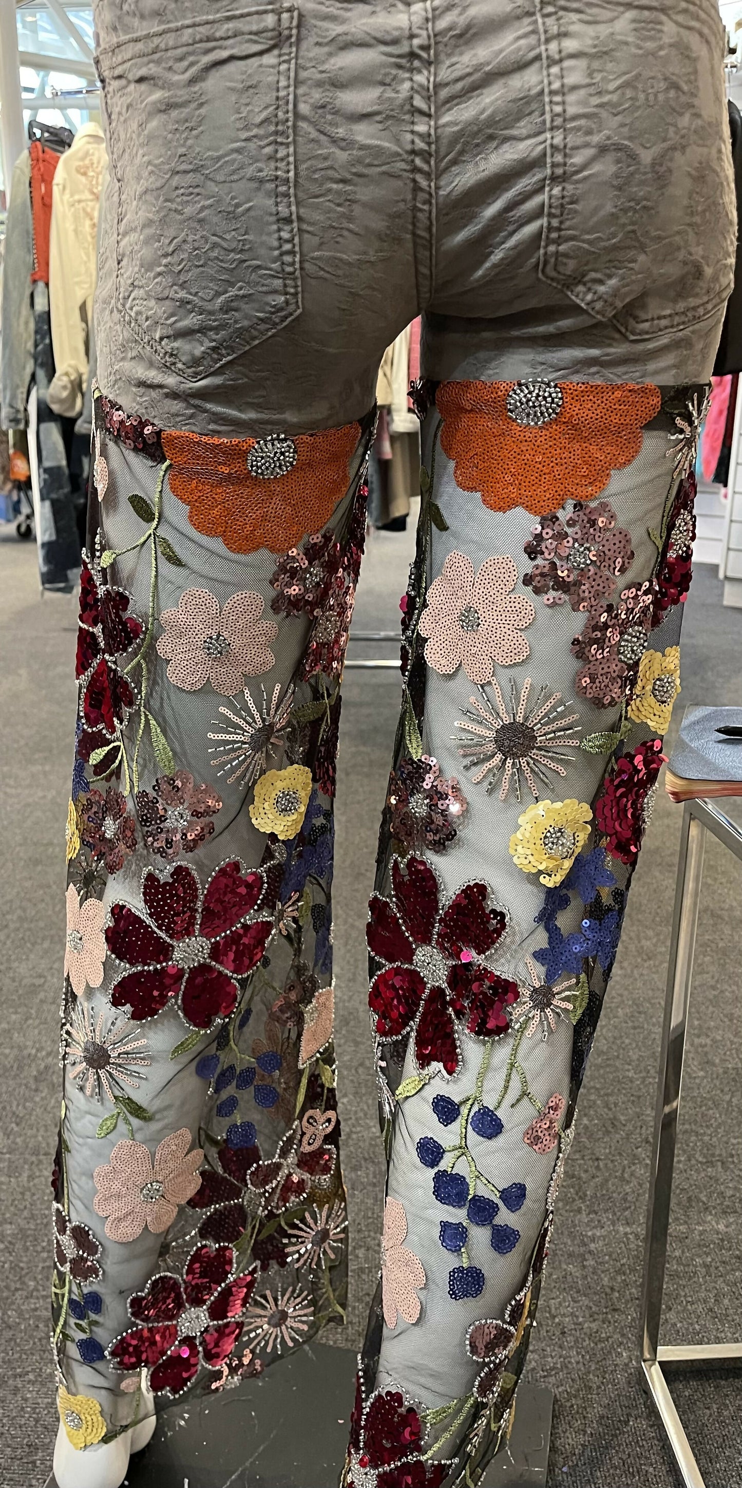 Sequin floral denim pant