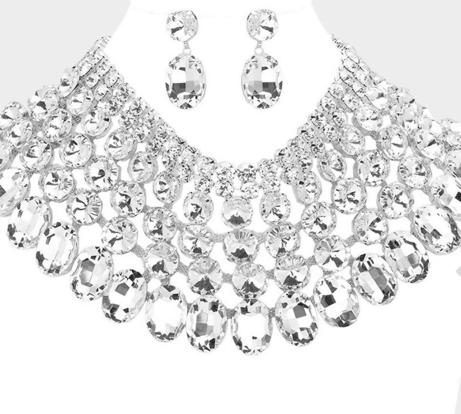Glass Stone Bib Necklace & Earrings