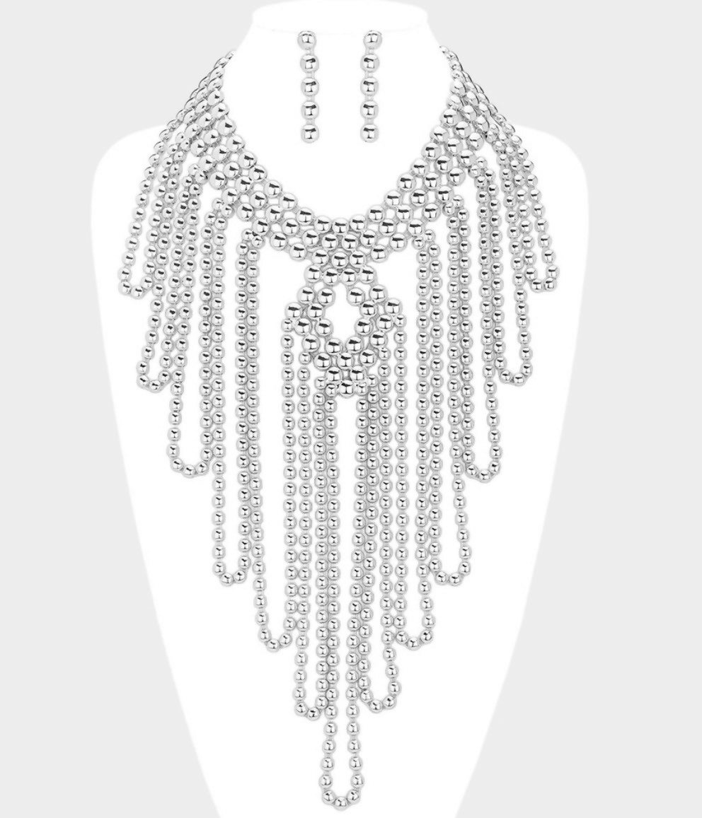 Silver Beaded Bib Necklace & Earrings