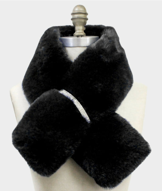 Black Faux Fur Rhinestone Pull Through Scarf