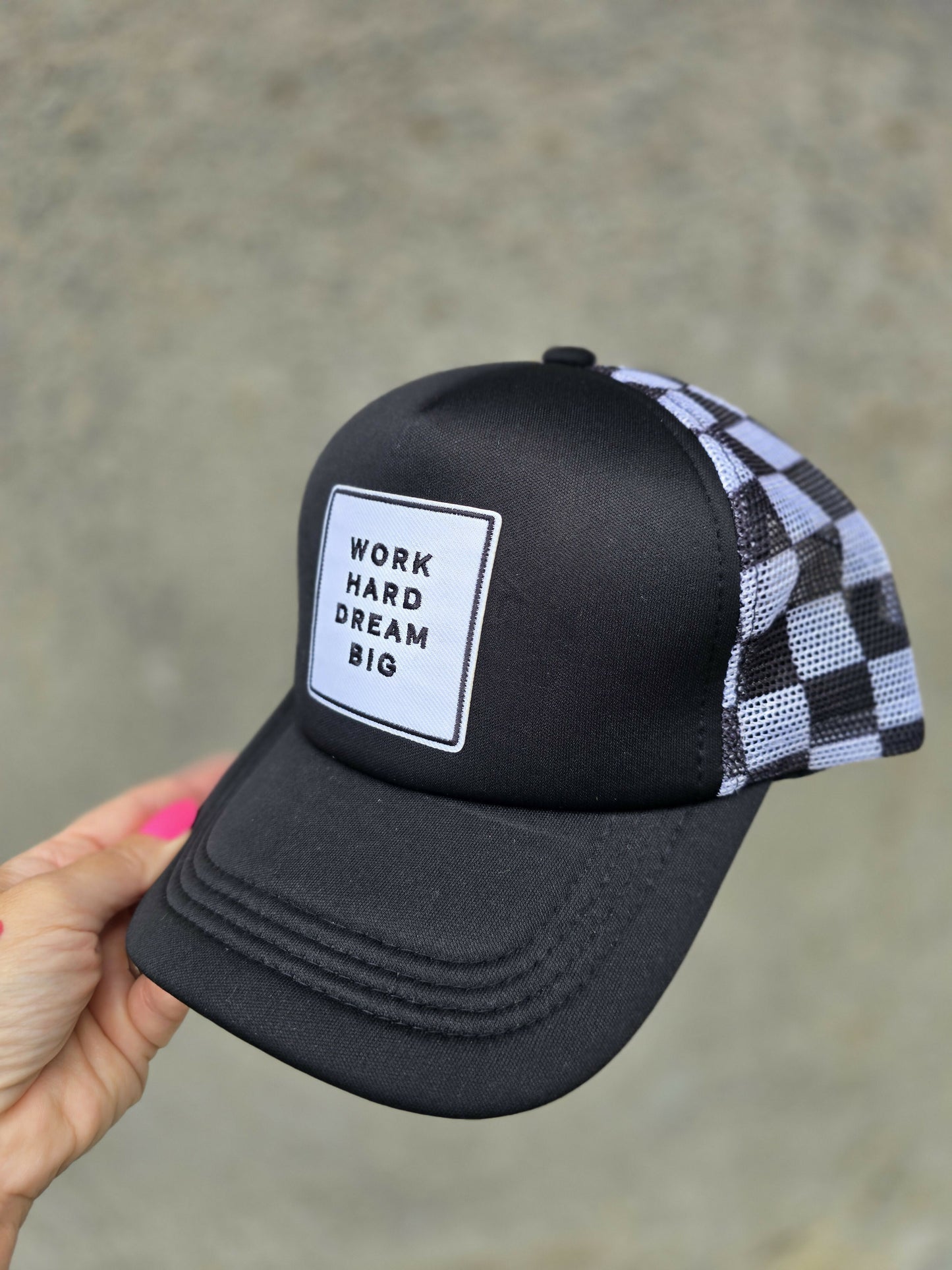 Work Hard Checkered Trucker Hat