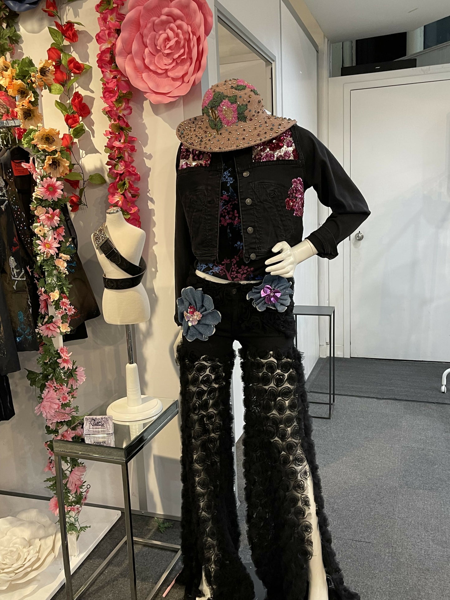 Black shorts with floral black fabric with slit