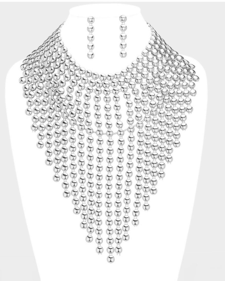 Silver Beaded Bib Necklace & Earrings