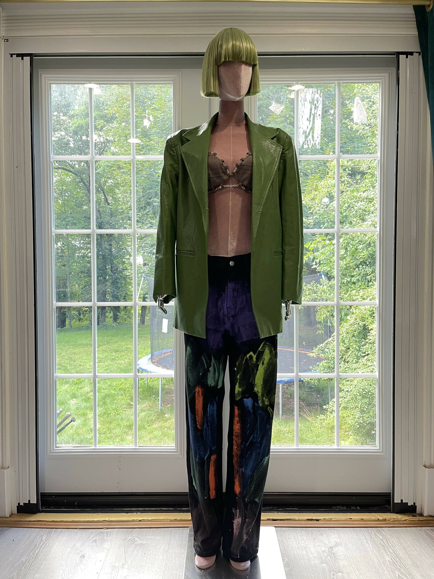 Emerald Elegance: Medium-Length Green Faux Leather Blazer