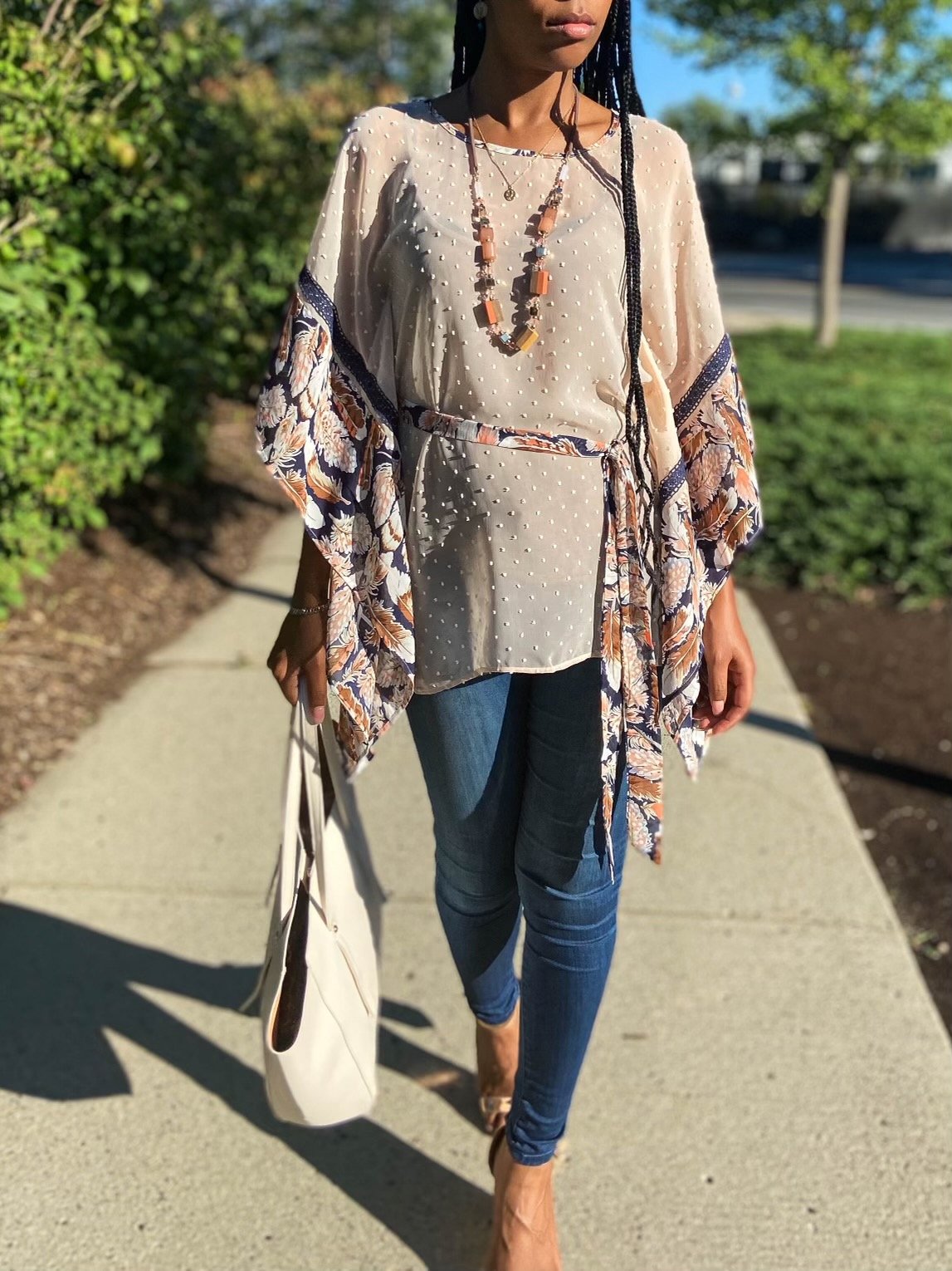 FEATHER PRINT TRIM PONCHOLIKE BLOUSE