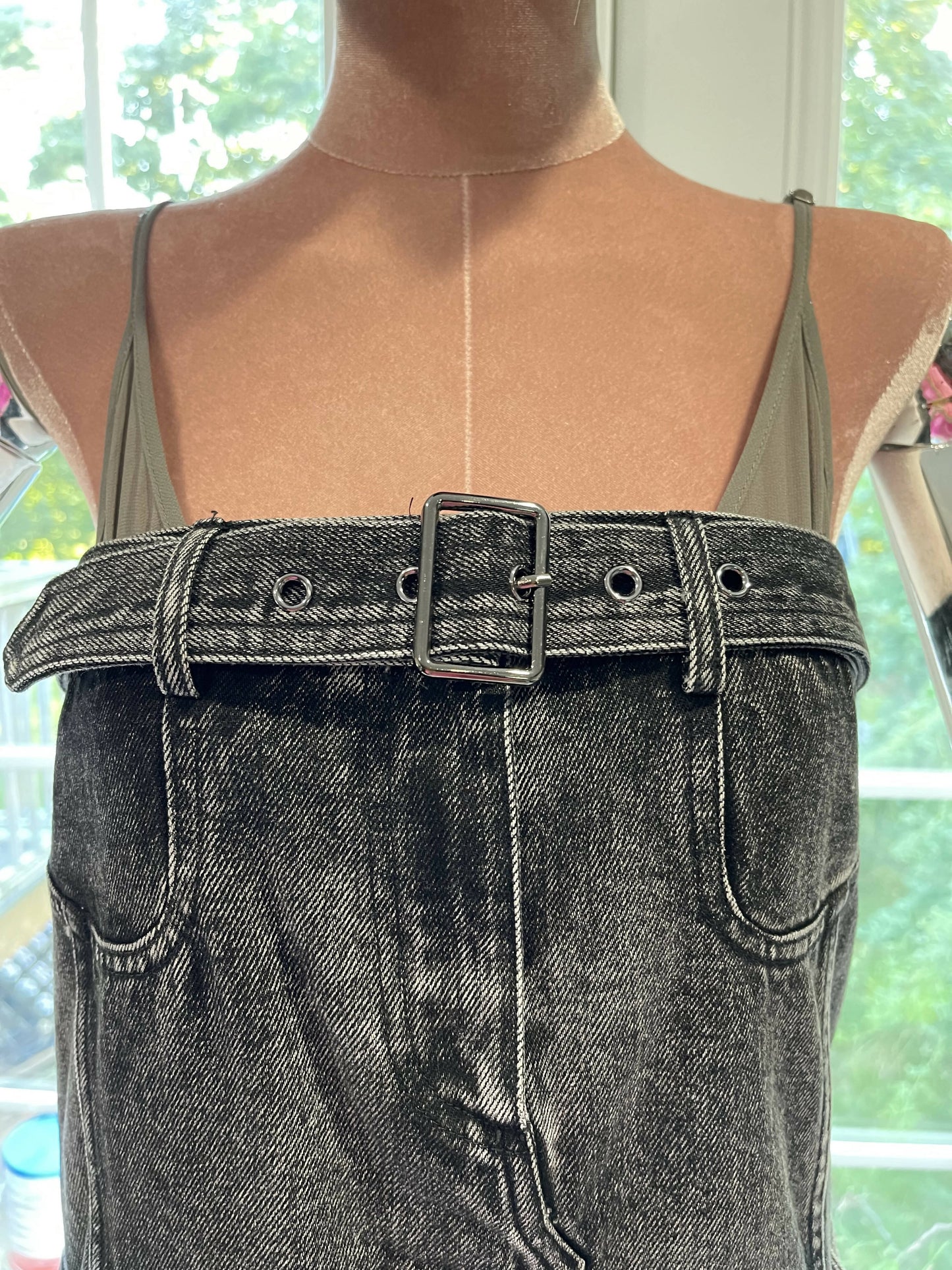 Enigmatic Urban Fusion: The Transcendent Denim Suspender Maxi Dress