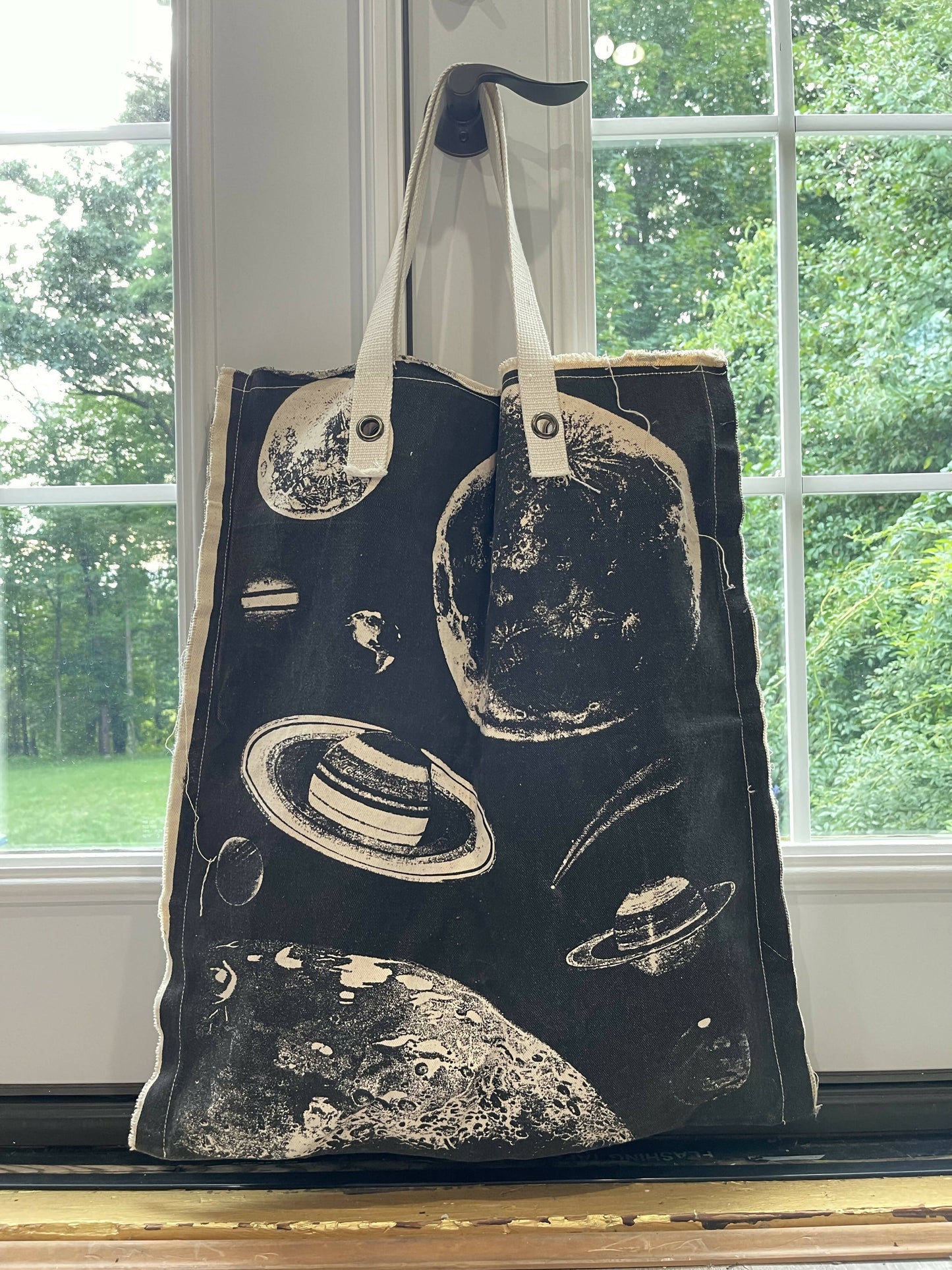 Celestial Chic: Hand-Printed Moon Map Canvas Tote