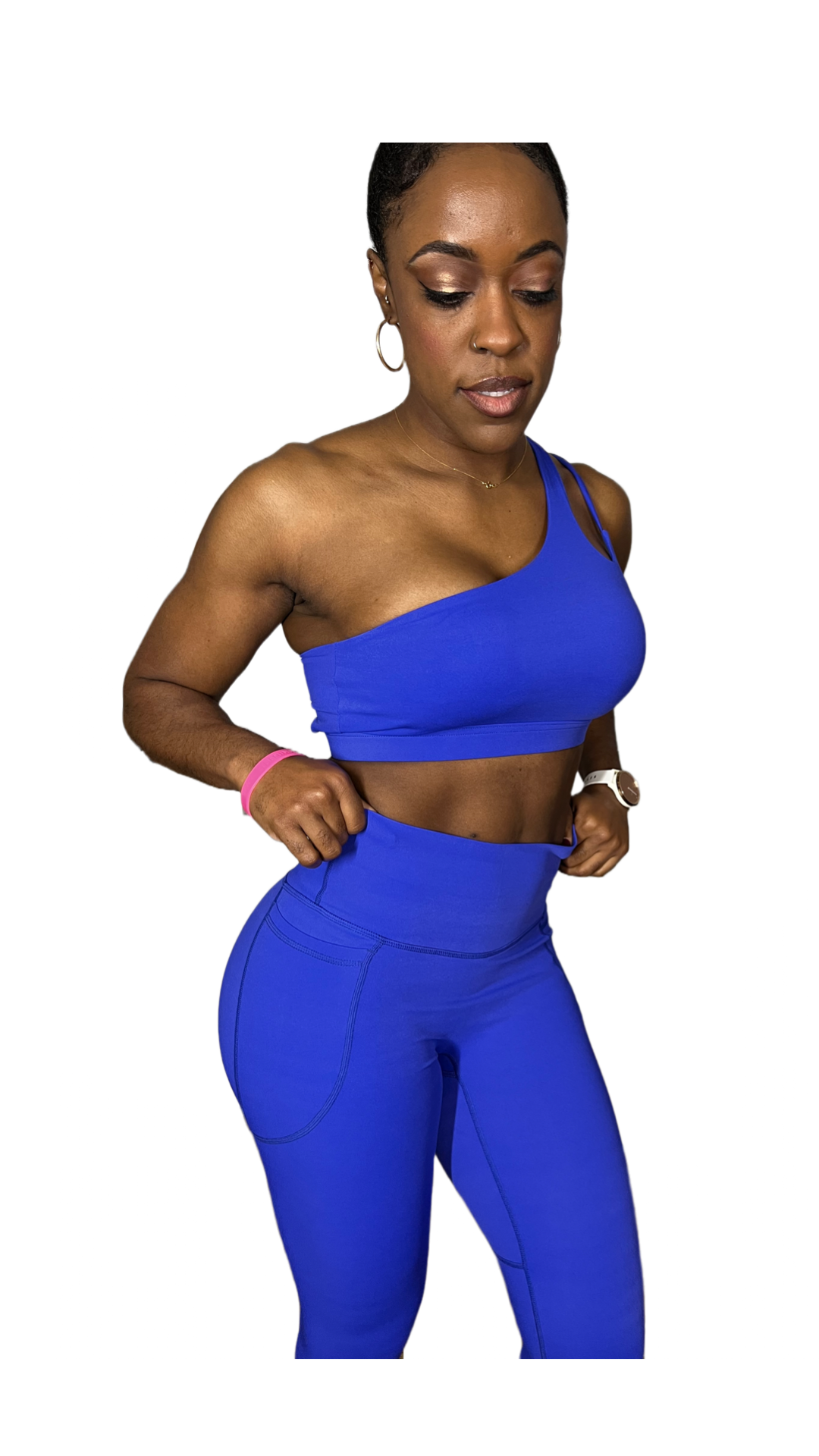 royal blue two piece set; one shoulder