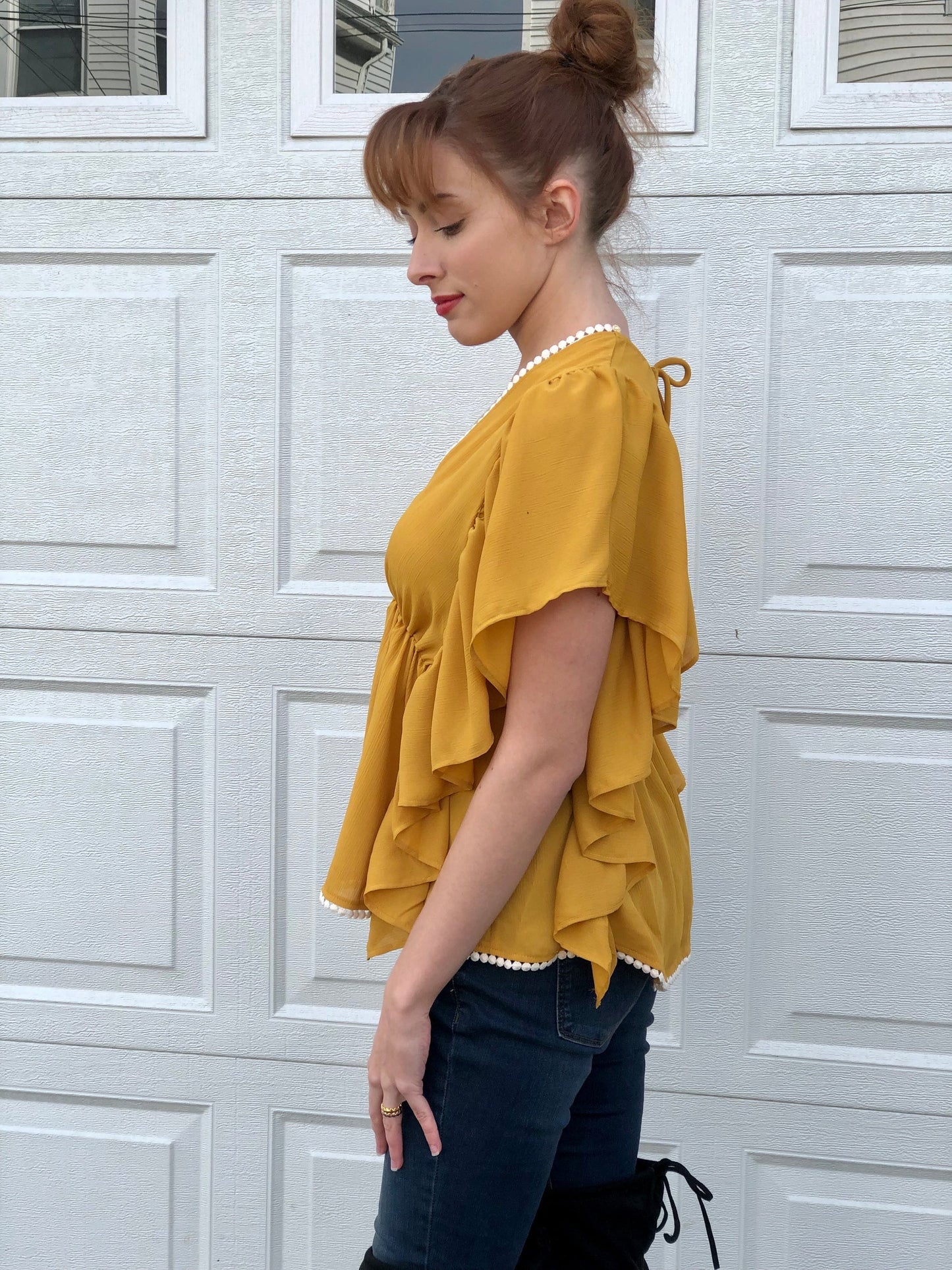 V Neck Butterfly Sleeve Blouse