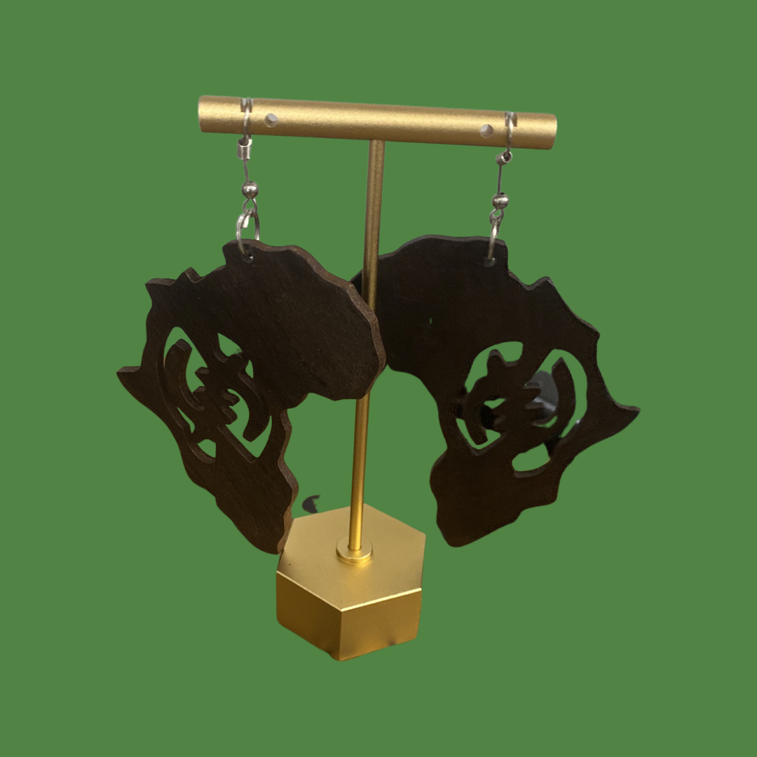Gye Nyame Africa Map Dark Ebony Wood Earring
