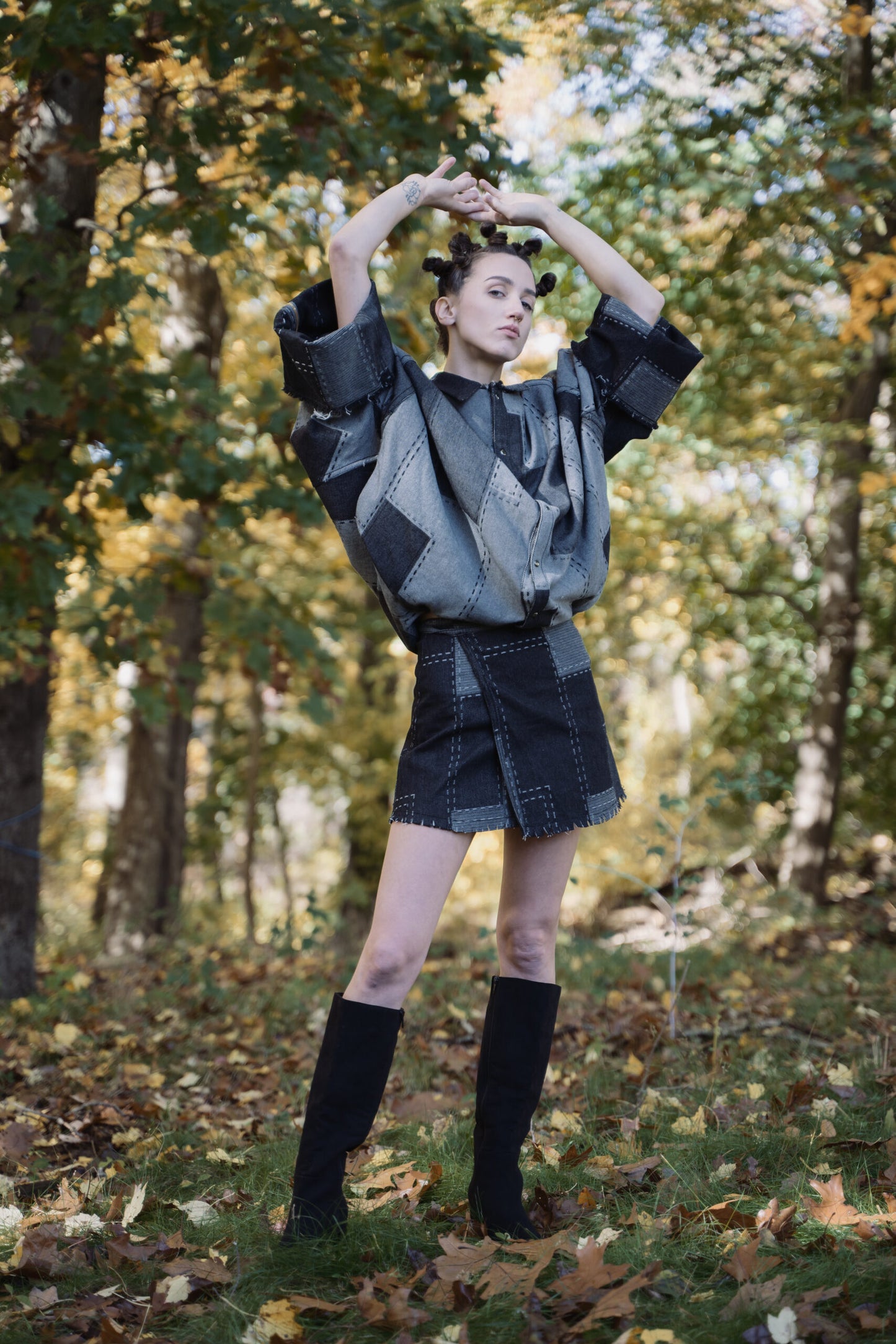 Women's denim street-wear jacket transforms into a sleeveless party dress