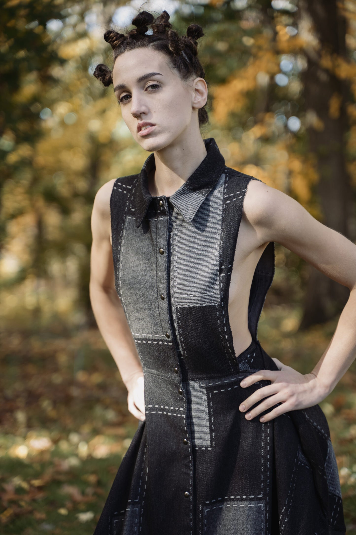 Women's denim street-wear jacket transforms into a sleeveless party dress