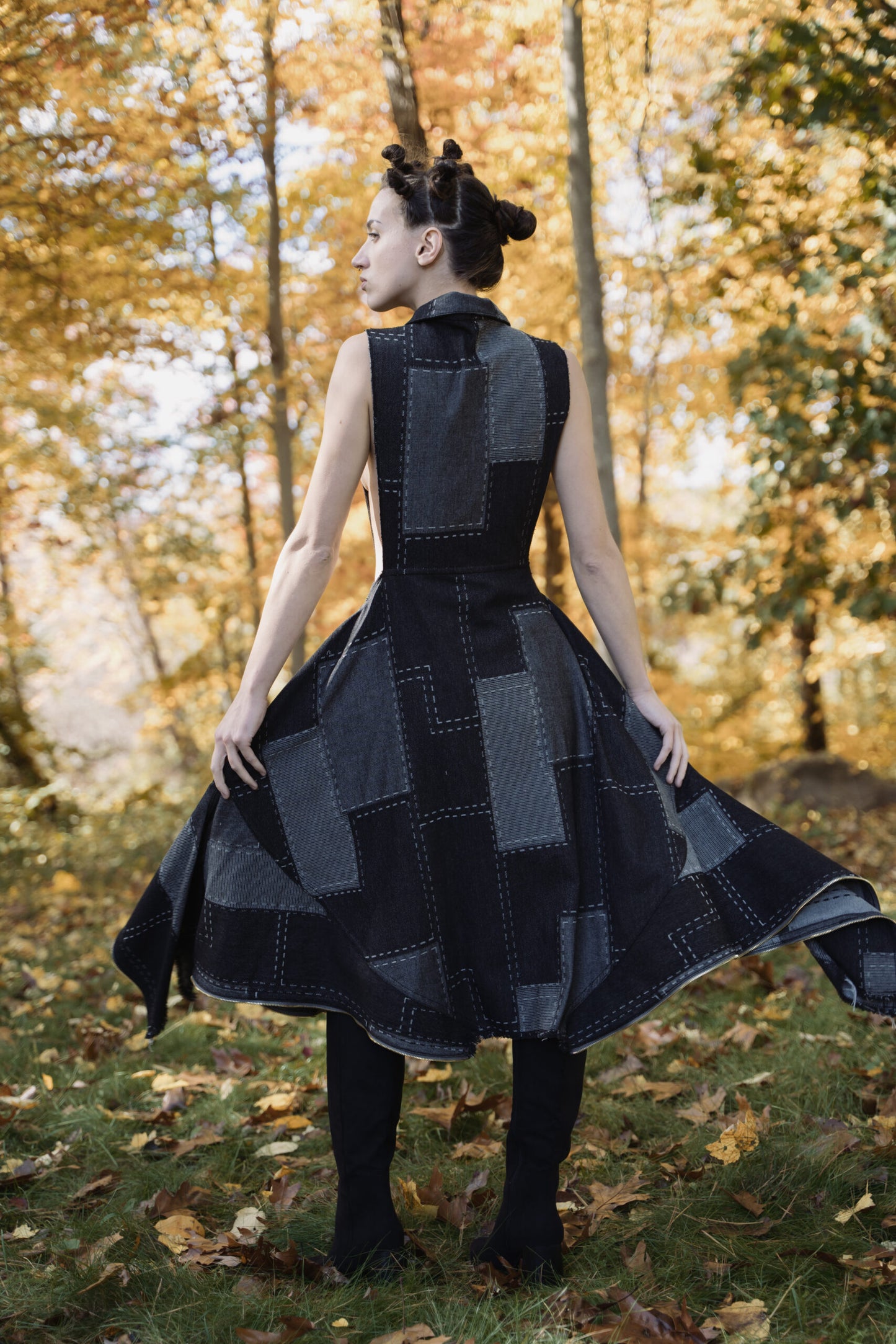 Women's denim street-wear jacket transforms into a sleeveless party dress