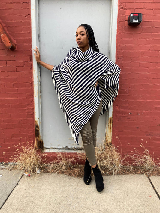 STRIPE TURTLENECK THROWOVER PONCHO - NAVY/IVORY