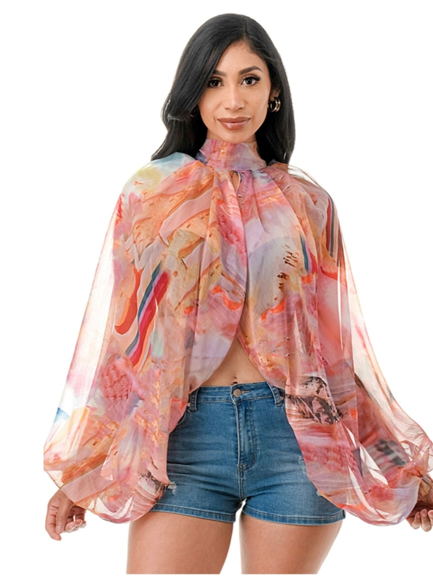 Sheer Long Balloon Sleeve Blouse