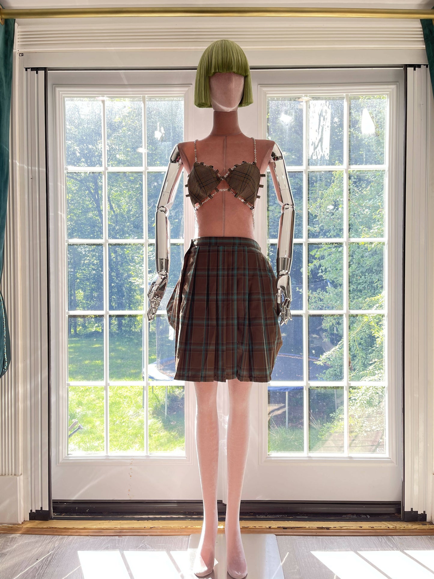 Elegance Unveiled: Blue and Brown Plaid Pleated Short Skirt