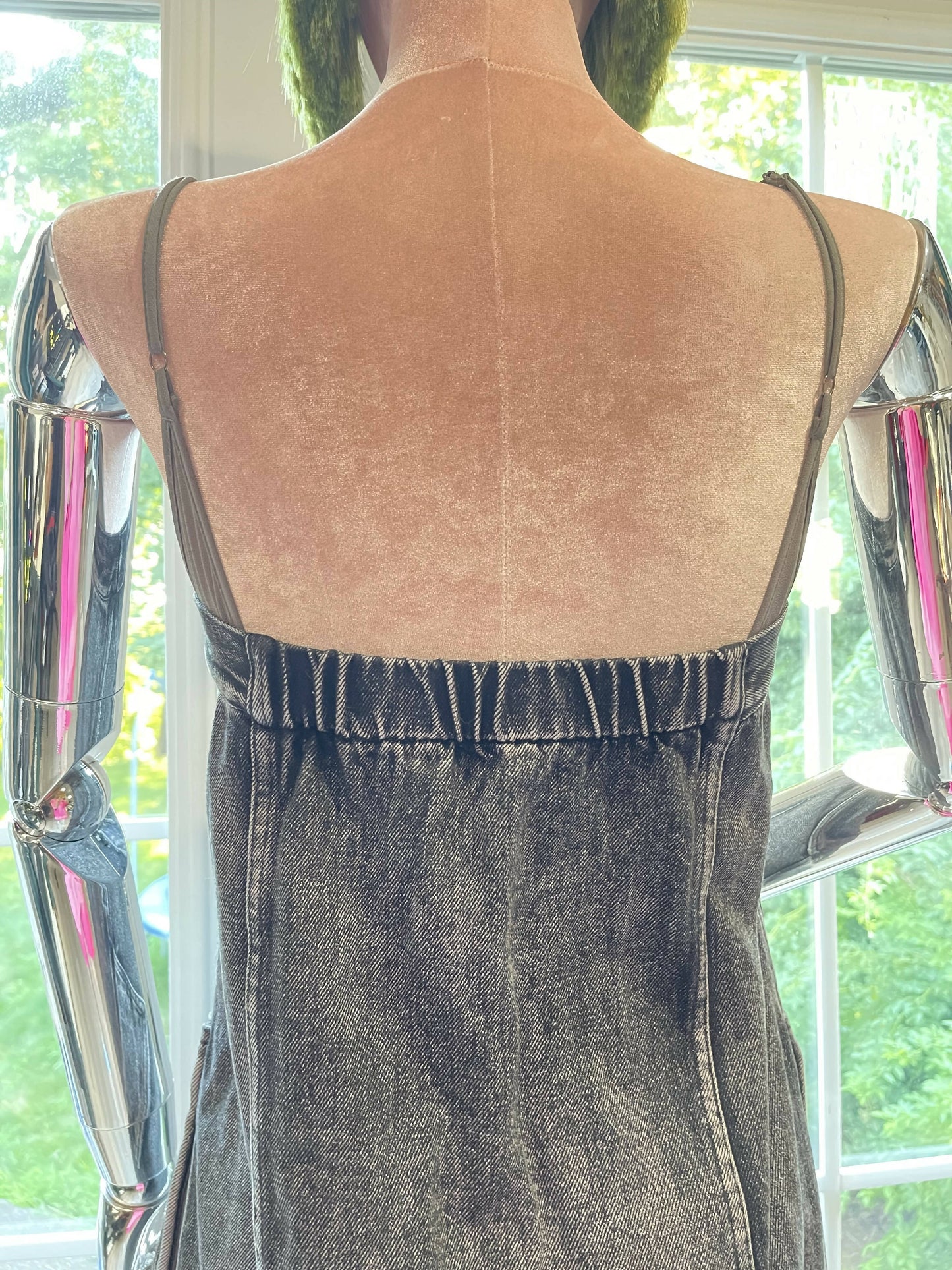 Enigmatic Urban Fusion: The Transcendent Denim Suspender Maxi Dress