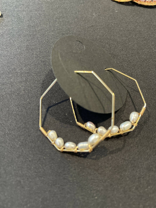 White Pearl Geometric Hoops
