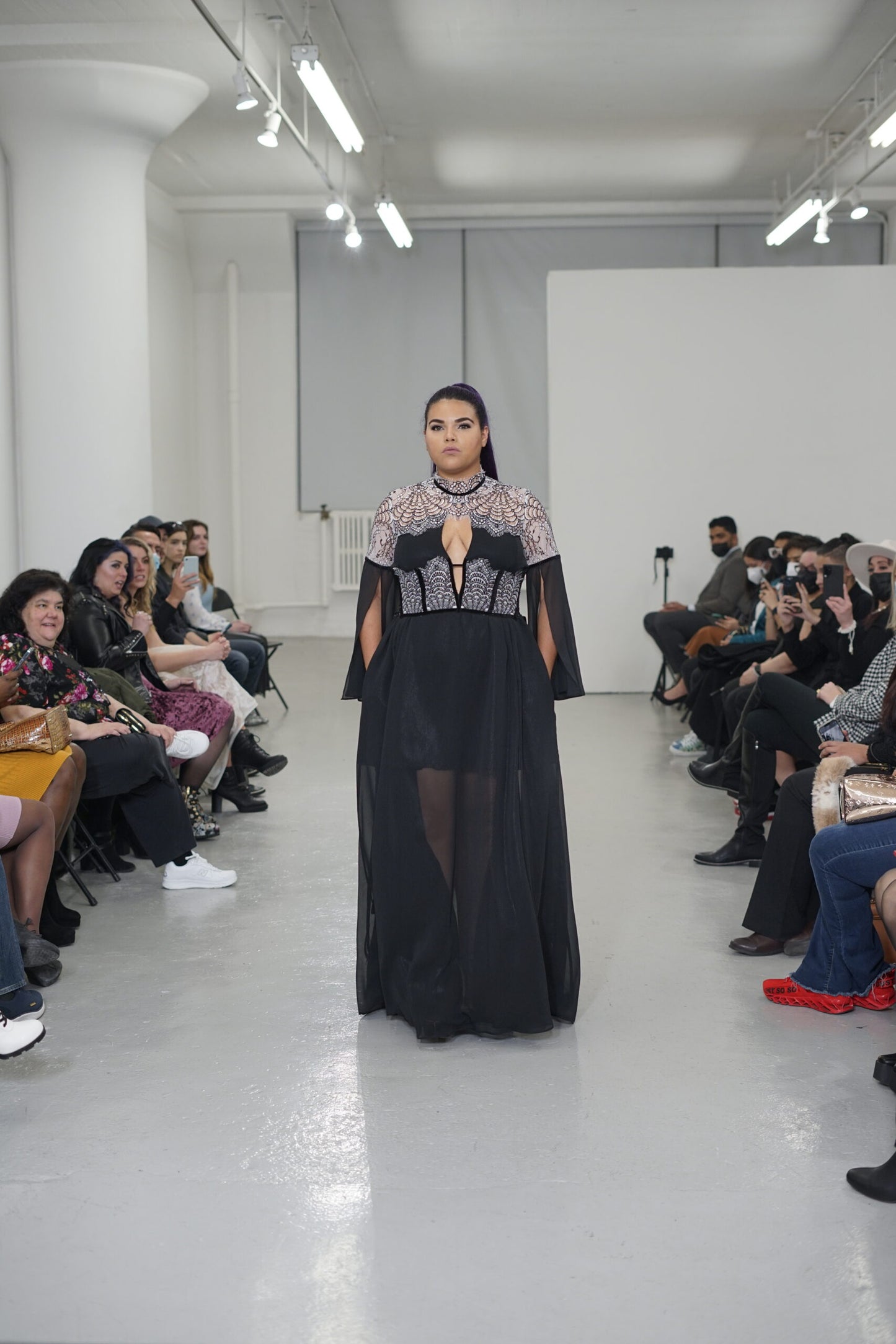 Black Chiffon Gown with Black and White Lace Details