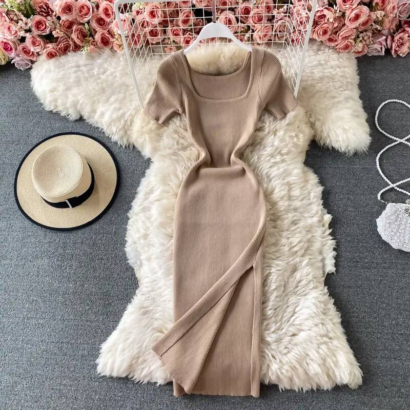 mid calf bodycon dresses Elegant Puff Sleeve Mid-Calf Wholesale Purple Pearl Bodycon Dress For Women AM041129
