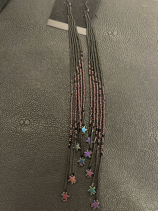 Hand Beaded Black Fringe Earrings With Hematite Stars