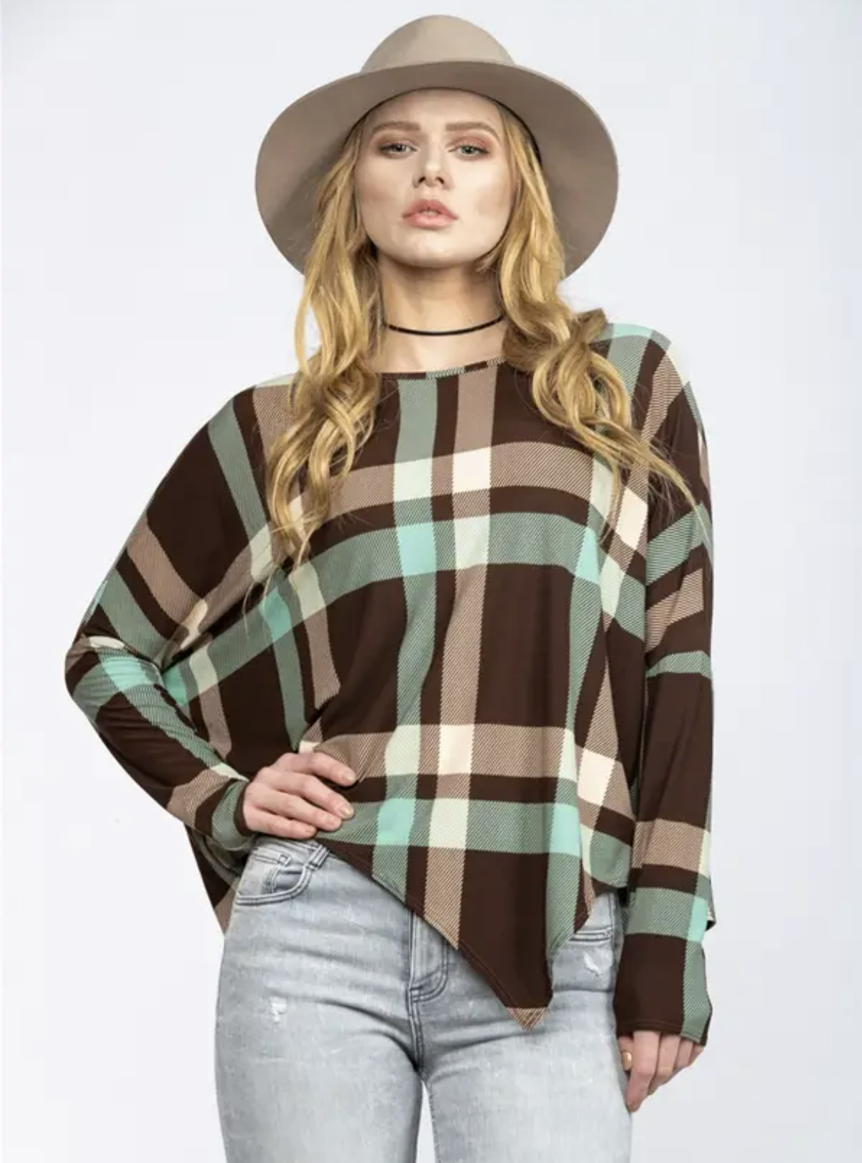 Umber Pistachio Plaid Print Top