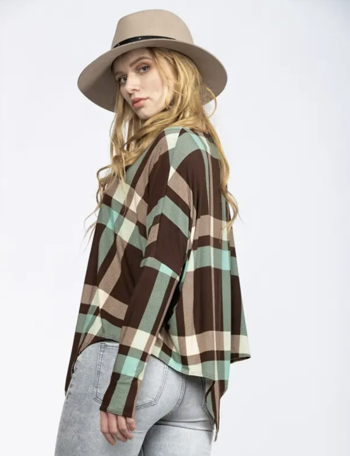 Umber Pistachio Plaid Print Top