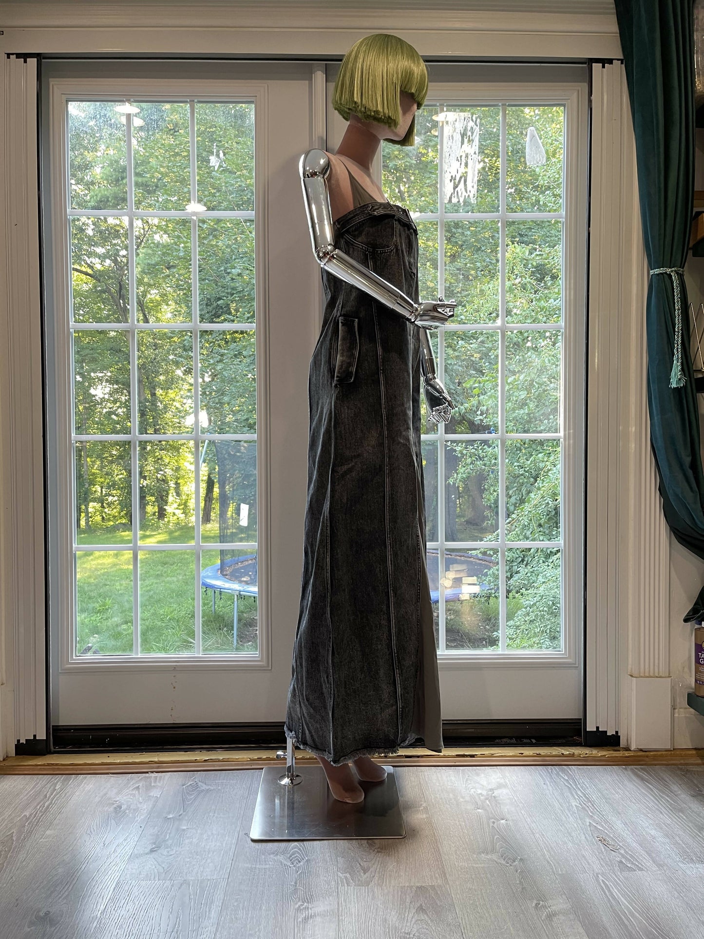 Enigmatic Urban Fusion: The Transcendent Denim Suspender Maxi Dress
