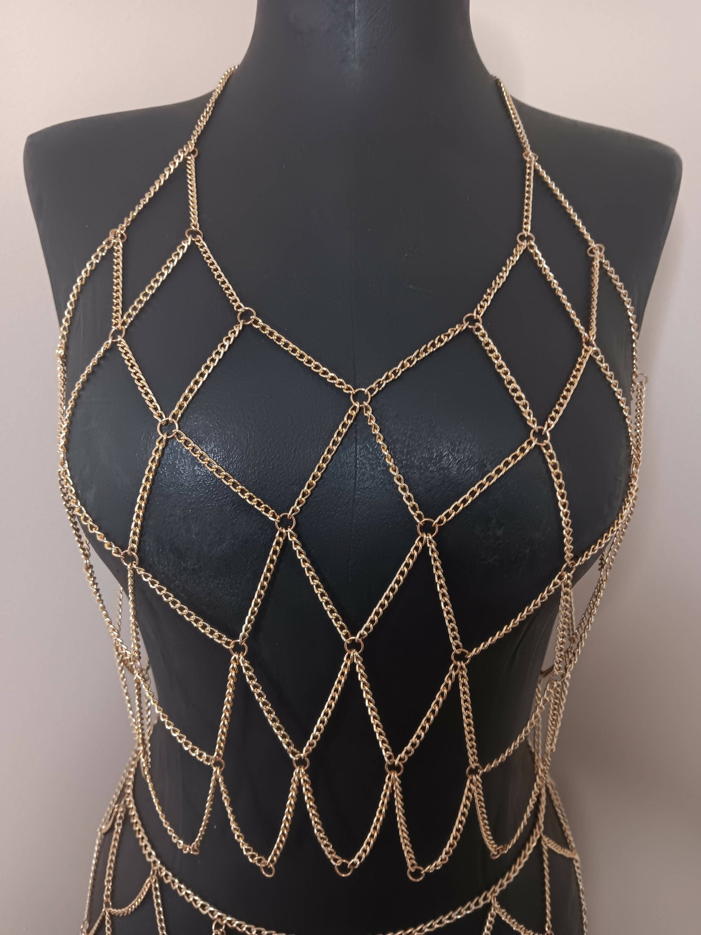 2-Piece Set Gold Chain Net Halter Top & Matching Chain Sarong
