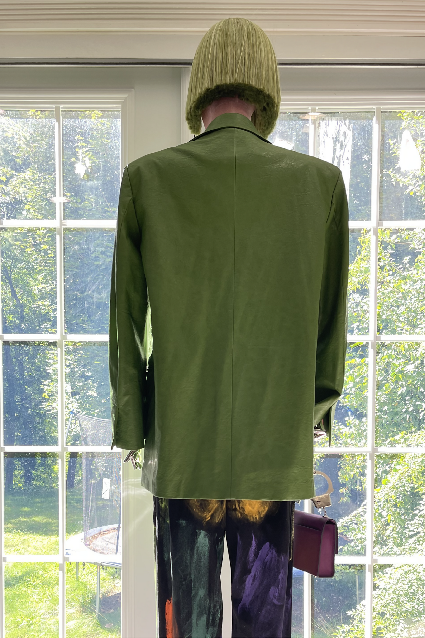 Emerald Elegance: Medium-Length Green Faux Leather Blazer