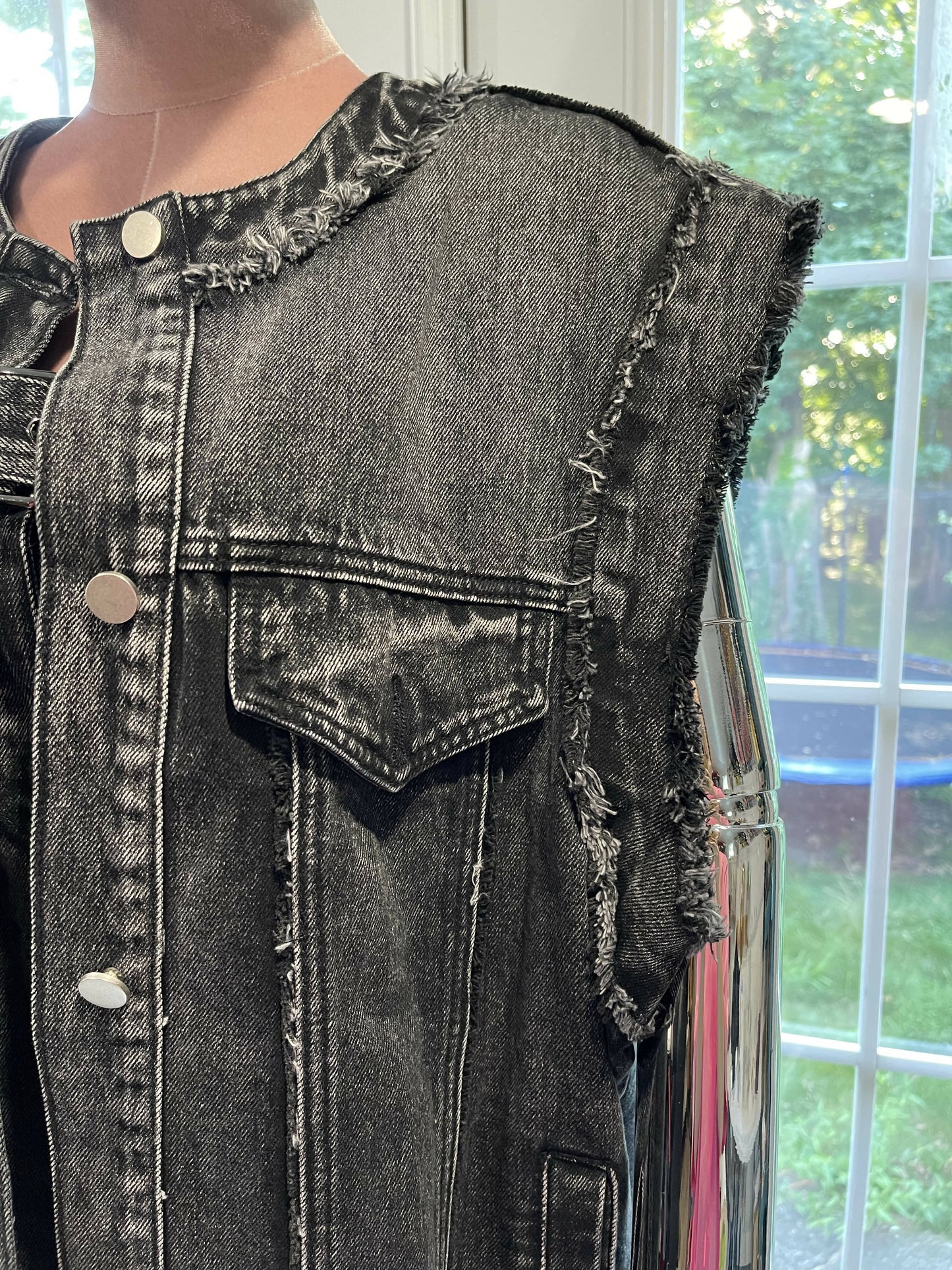 Rugged Elegance: Raw Trim Mid-Length Denim Gilet