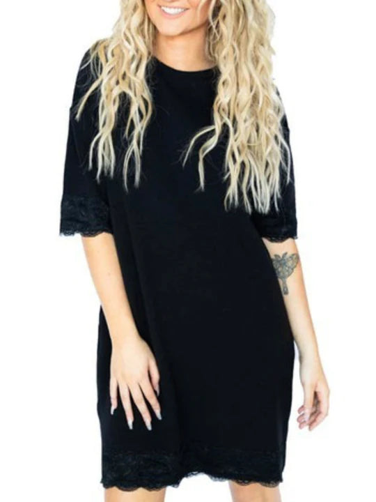 LACE TRIM SWEATER DRESS L LACE TRIM SWEATER DRESS L