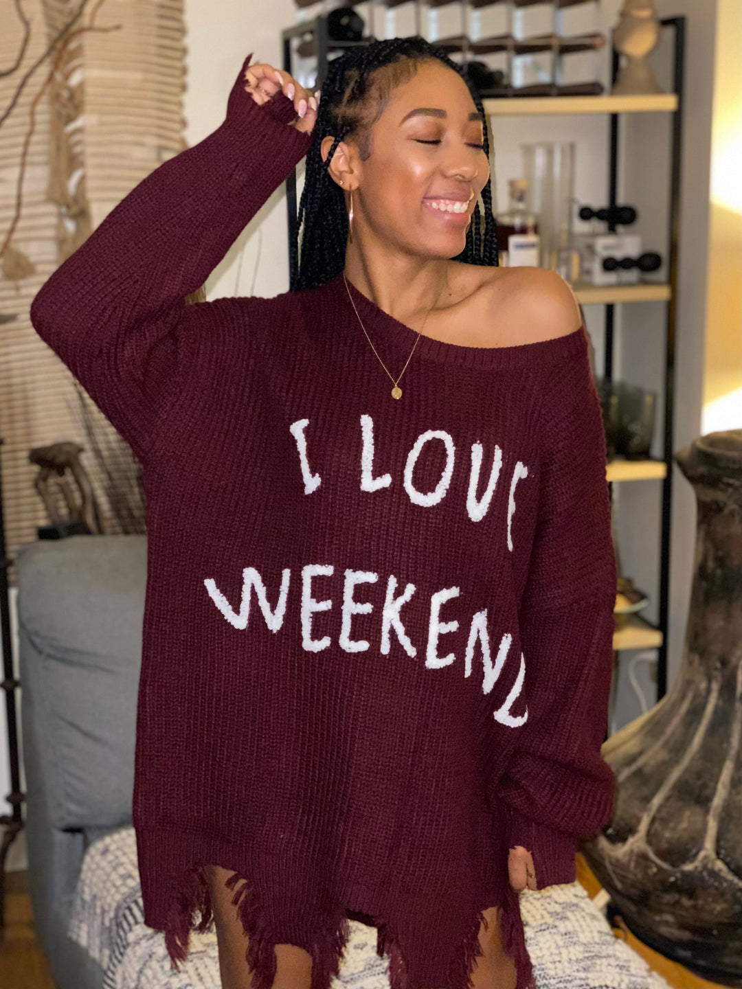 I LOVE WEEKENDS DISTRESSED SWEATER