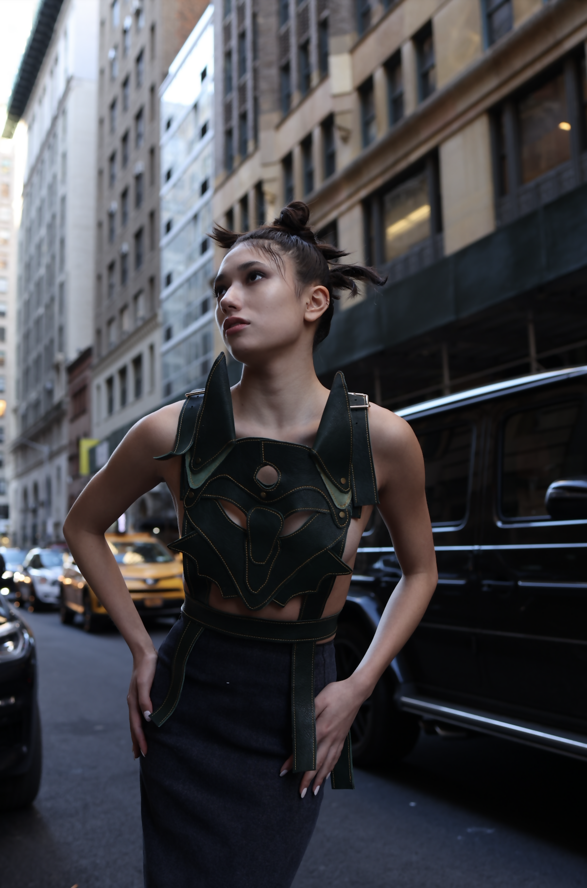 Whimsical Fox Elegance: Dark Green Leather Vest with 3D Design