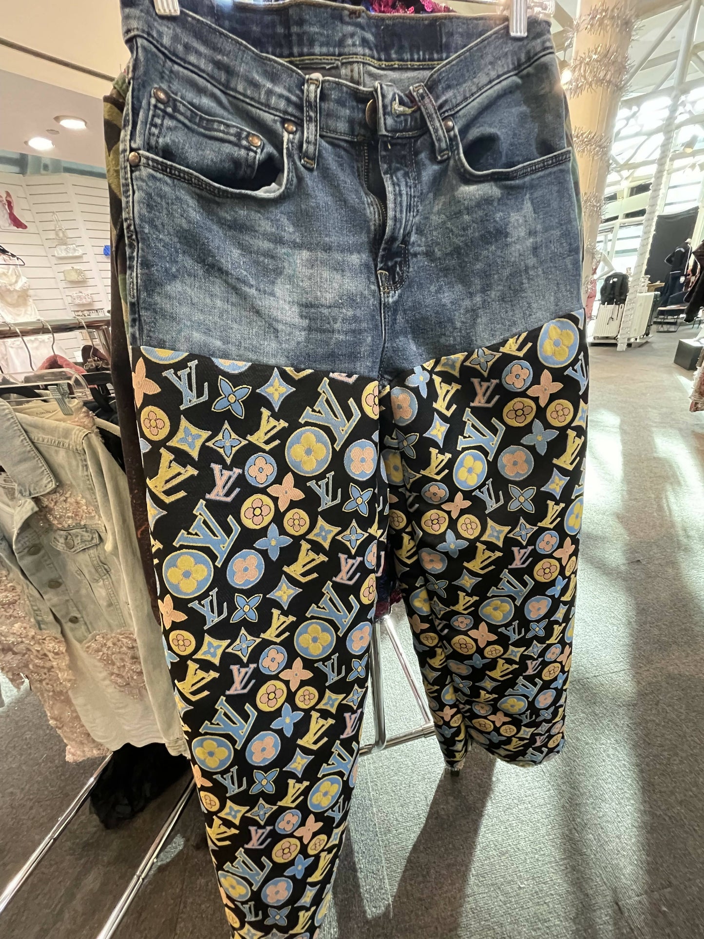 Denim with add on fabric leg