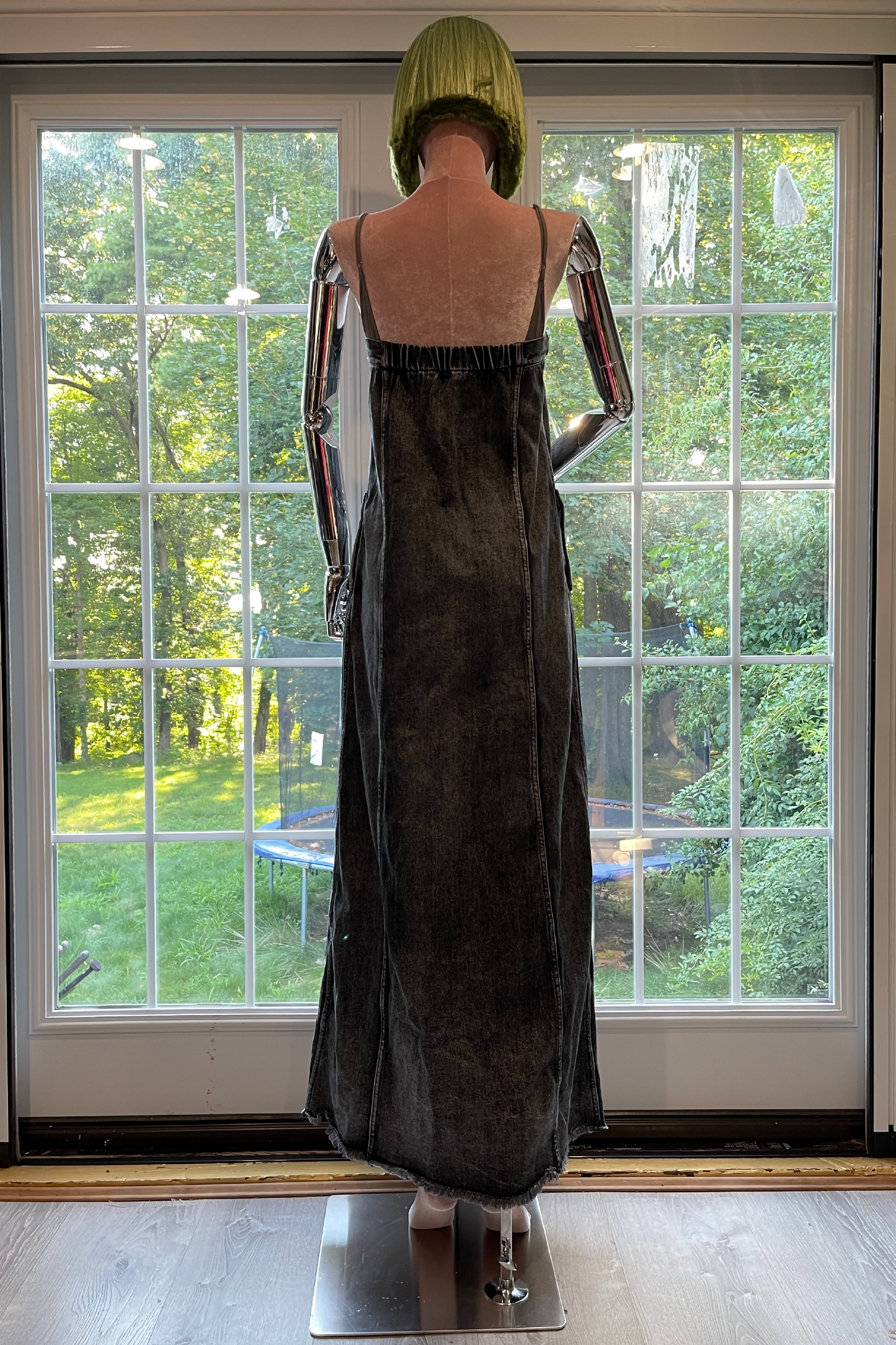 Enigmatic Urban Fusion: The Transcendent Denim Suspender Maxi Dress