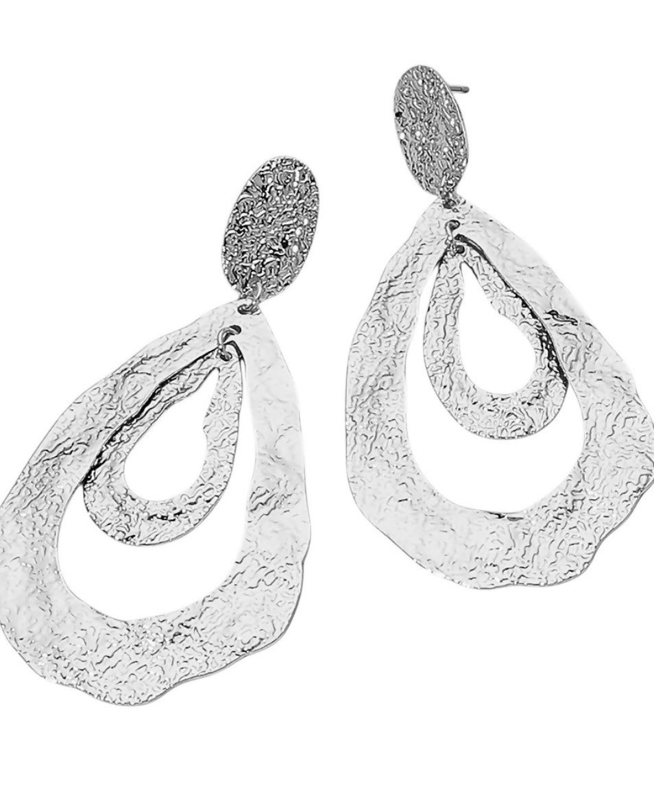 Silver Double Metal Teardrop Earring