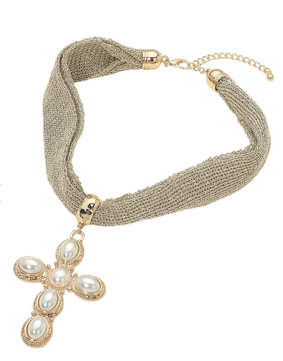 Gold Mesh/Cross Pendant