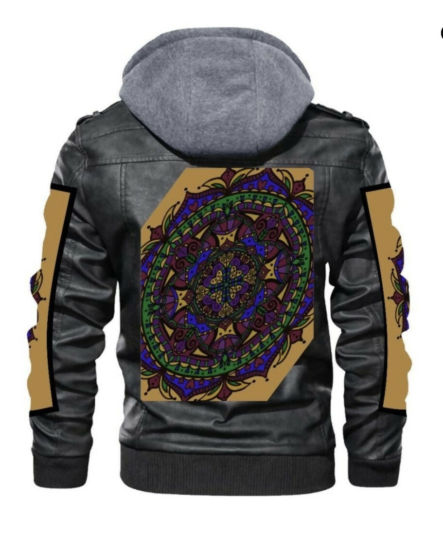 Men’s Zip PU Leather Jacket DTF Sizes S-3XL in Golden Mandala Power