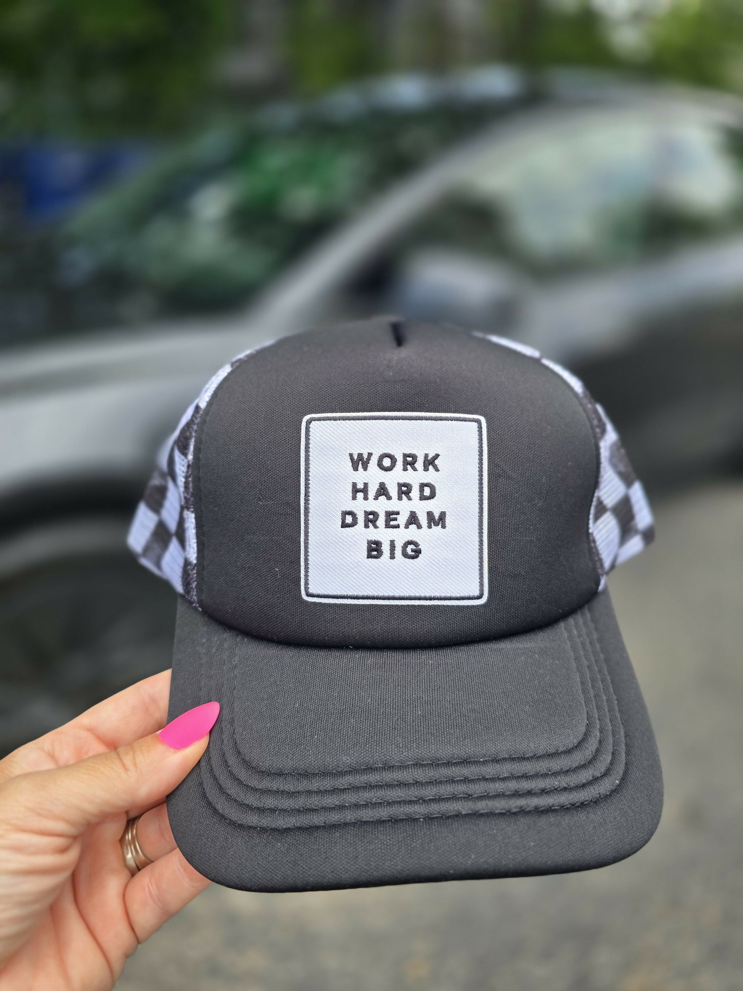 Work Hard Checkered Trucker Hat