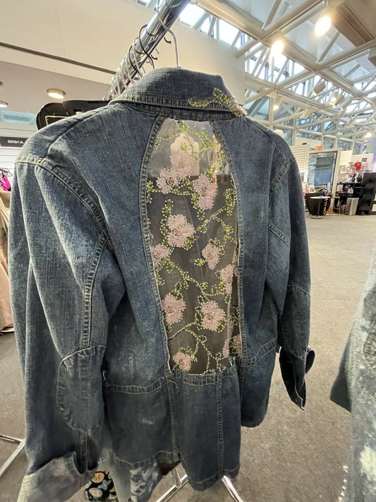 Denim jacket with beaded flowers