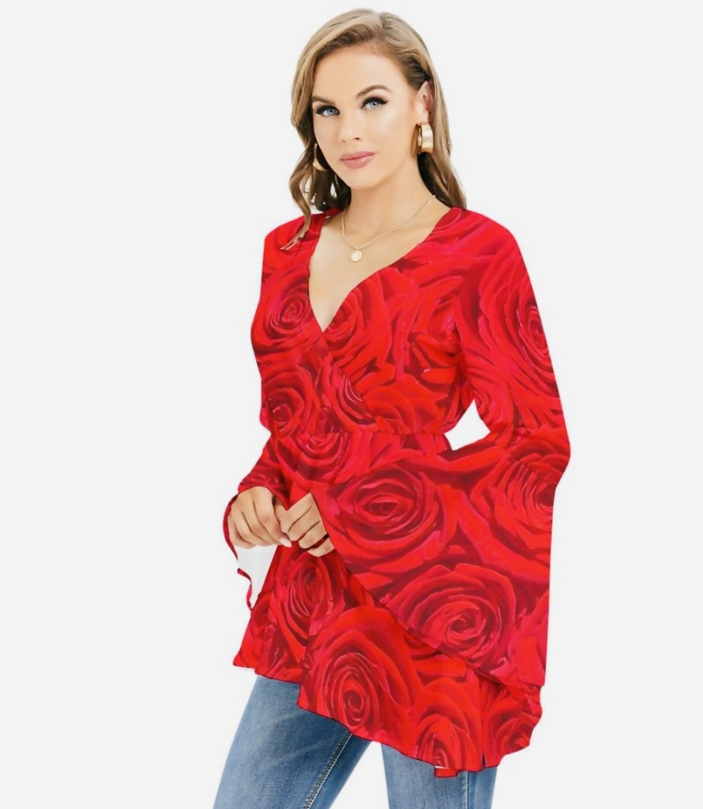 Women’s V-Neck Blouse with Flared Bell Sleeves Sizes XS-2XL