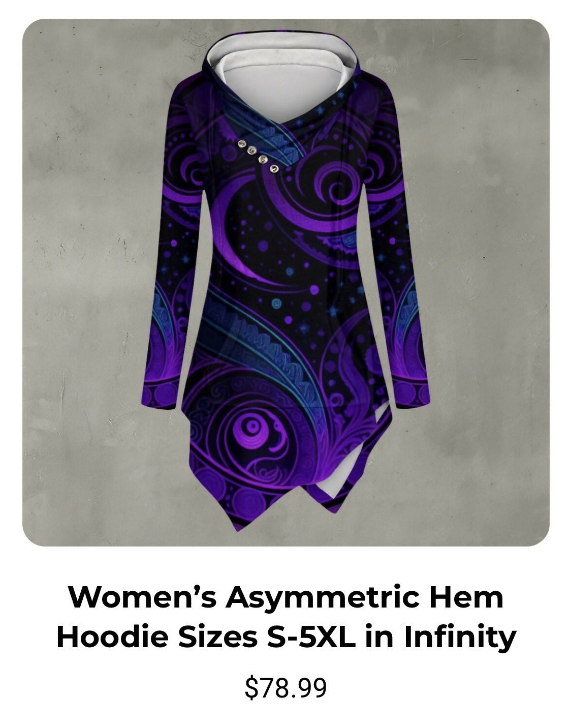 Women’s Asymmetric Hem Hoodie Sizes S-5XL in Infinity