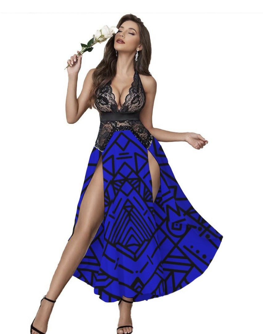 Elegant Mesh Halter-Top Lace Halter Evening Dress Sizes S-5XL in The Sahara