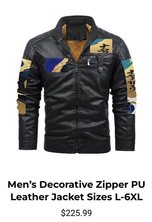 Men’s Decorative Zipper PU Leather Jacket with Fleece Lining Sizes L-6XL