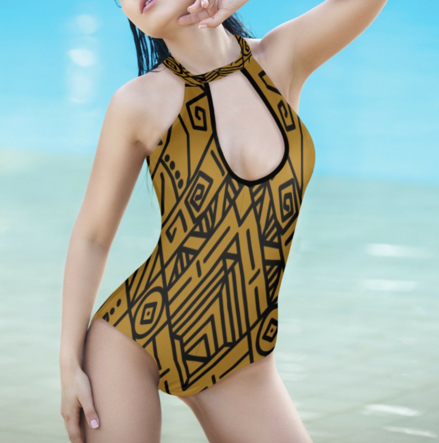 Women's High Collar Hollow One Piece Swimsuit Sizes S-5XL in The Sahara