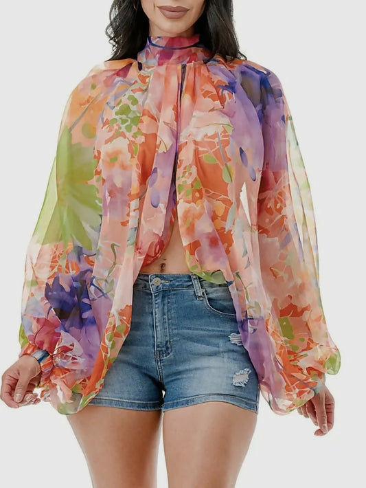 Floral Sheer Long Balloon Sleeve Blouse