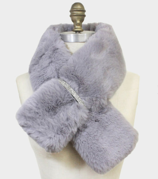 Faux Fur Rhinestone Pull Through Gray