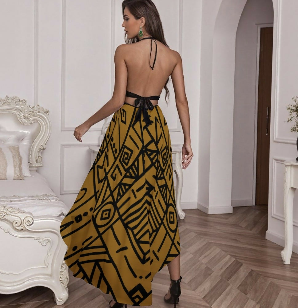 Elegant Mesh Halter-Top Lace Halter Evening Dress Sizes S-5XL in The Sahara
